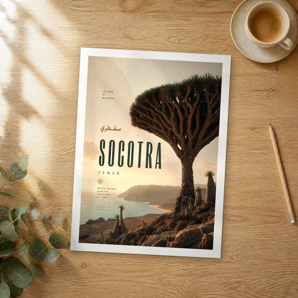 Unframed Socotra Dragon Blood Tree Sunset bold typography travel poster on a wooden table
