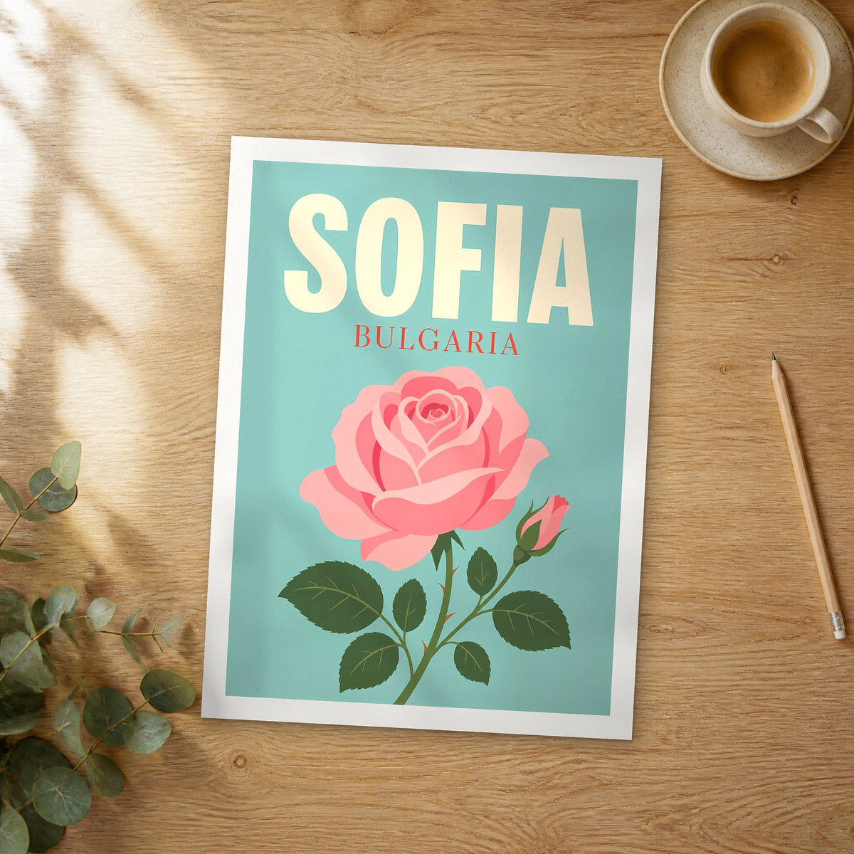 Unframed Sofia pop art travel poster on a wooden table