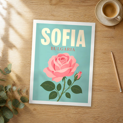 Unframed Sofia pop art travel poster on a wooden table