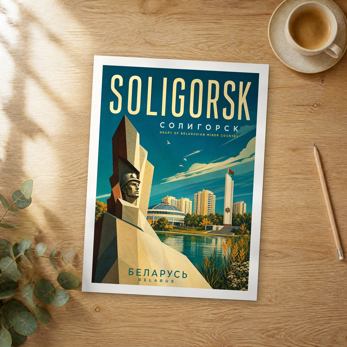 Unframed Soligorsk retro travel poster on a wooden table