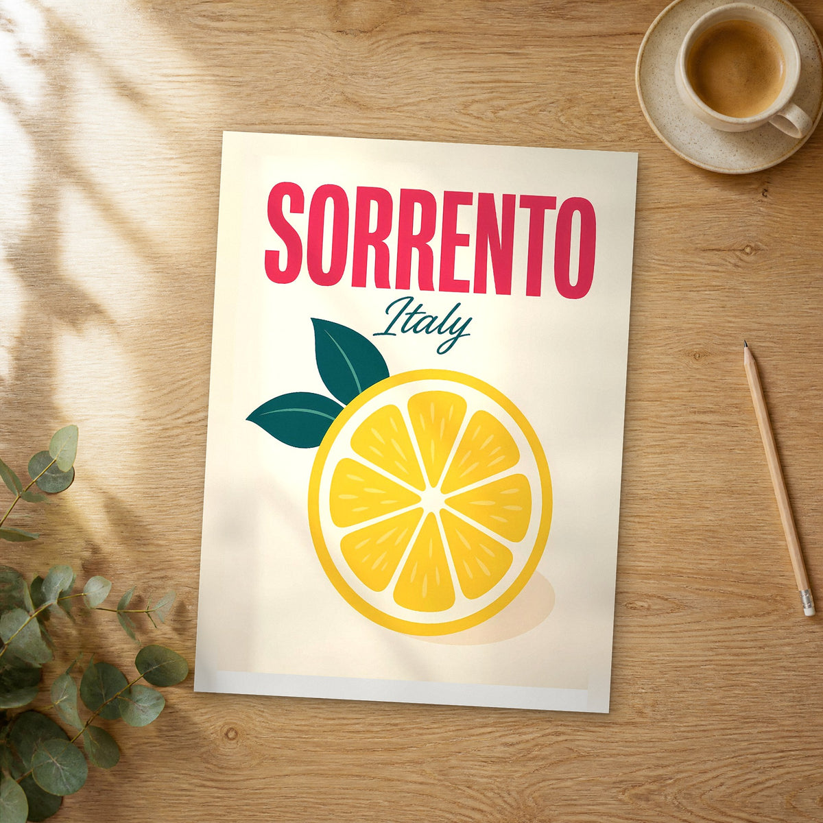 Unframed Sorrento pop art travel poster on a wooden table
