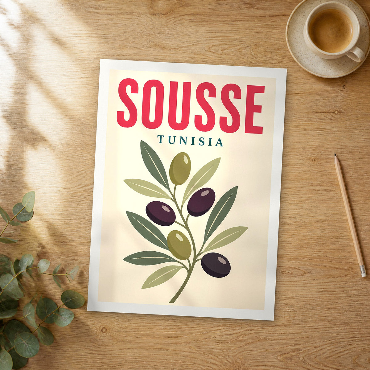 Unframed Sousse pop art travel poster on a wooden table