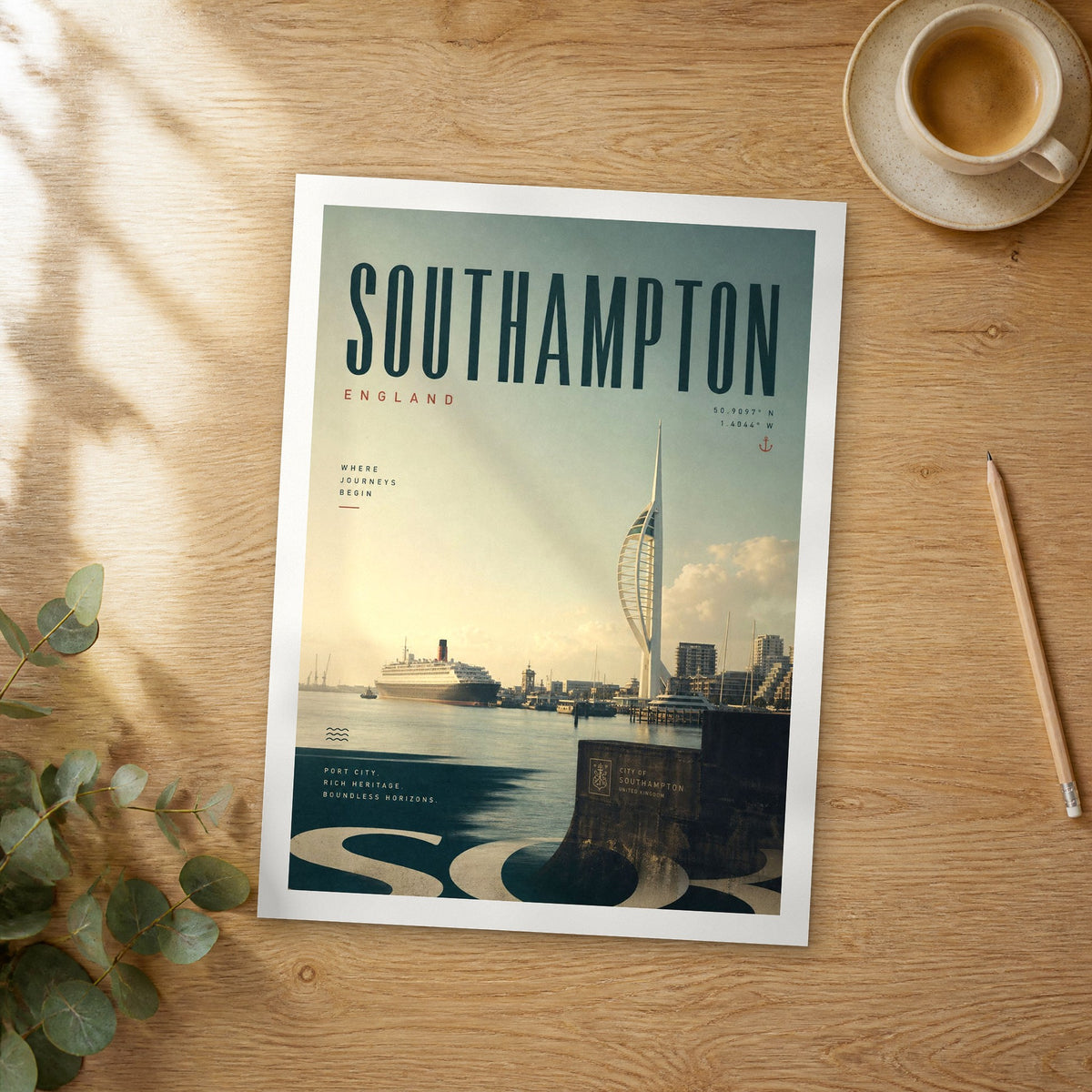 Unframed Southampton bold typography travel poster on a wooden table