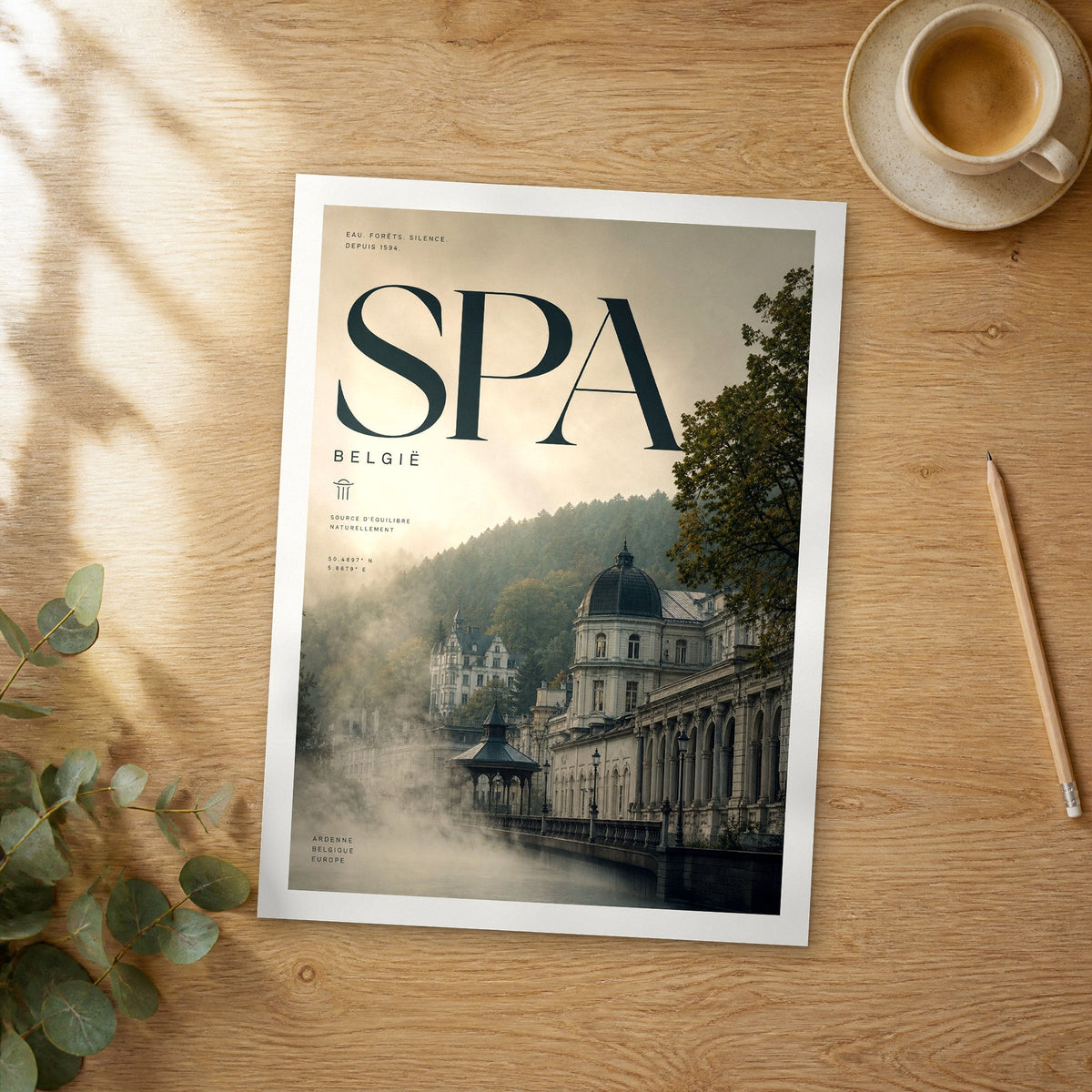Unframed Spa bold typography travel poster on a wooden table
