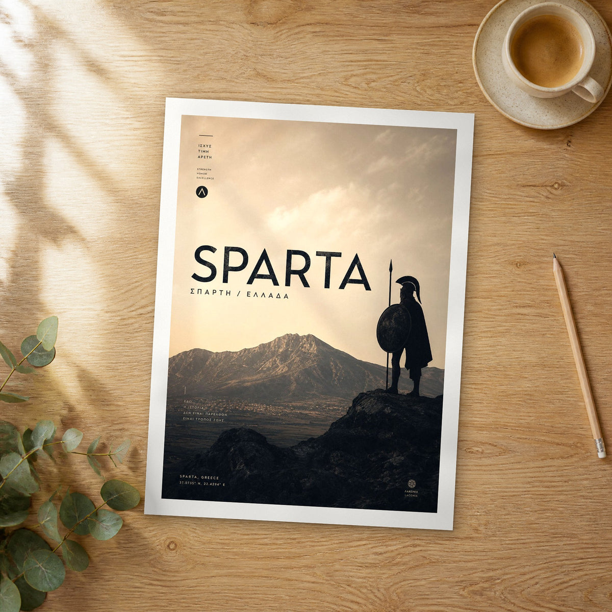 Unframed Sparta Spartan Warrior Silhouette bold typography travel poster on a wooden table