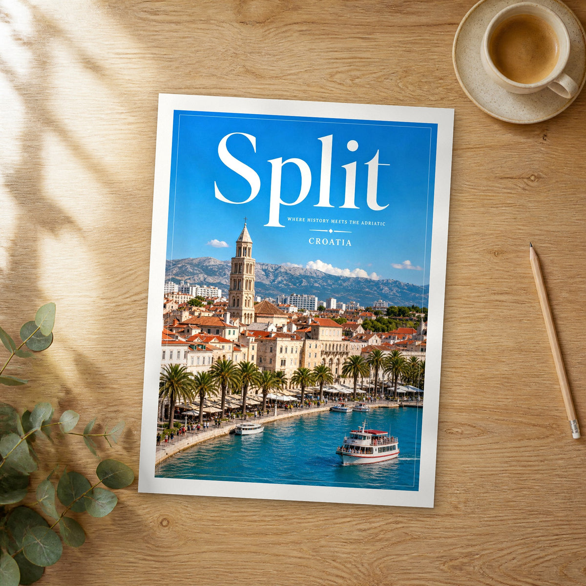 Unframed Split editorial travel poster on a wooden table
