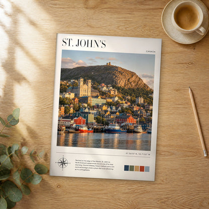 Unframed St. John's modern photography travel poster on a wooden table