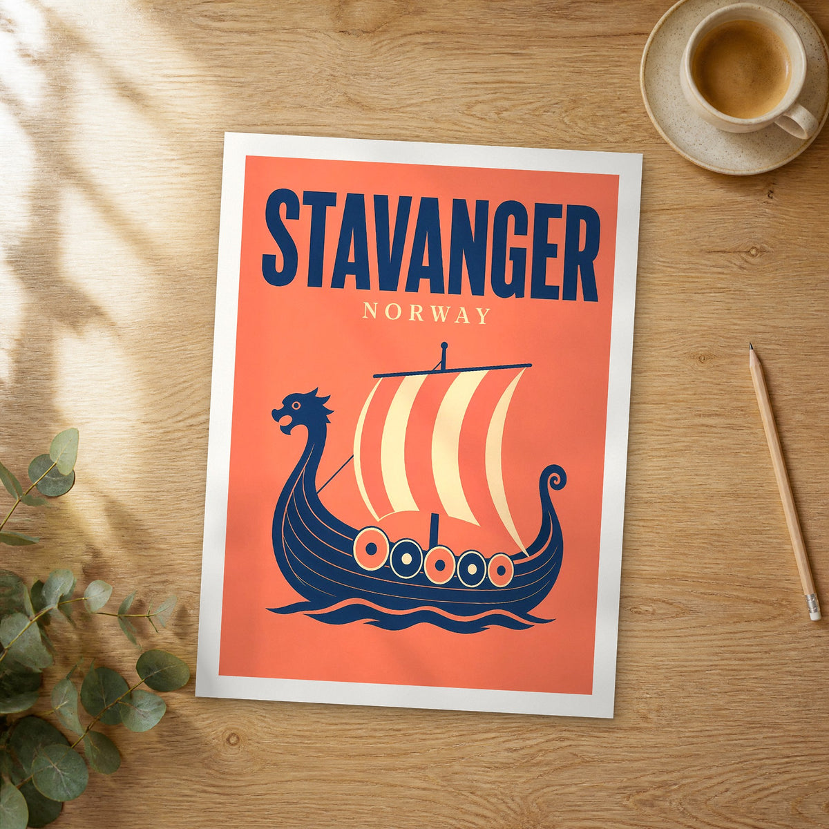 Unframed Stavanger pop art travel poster on a wooden table