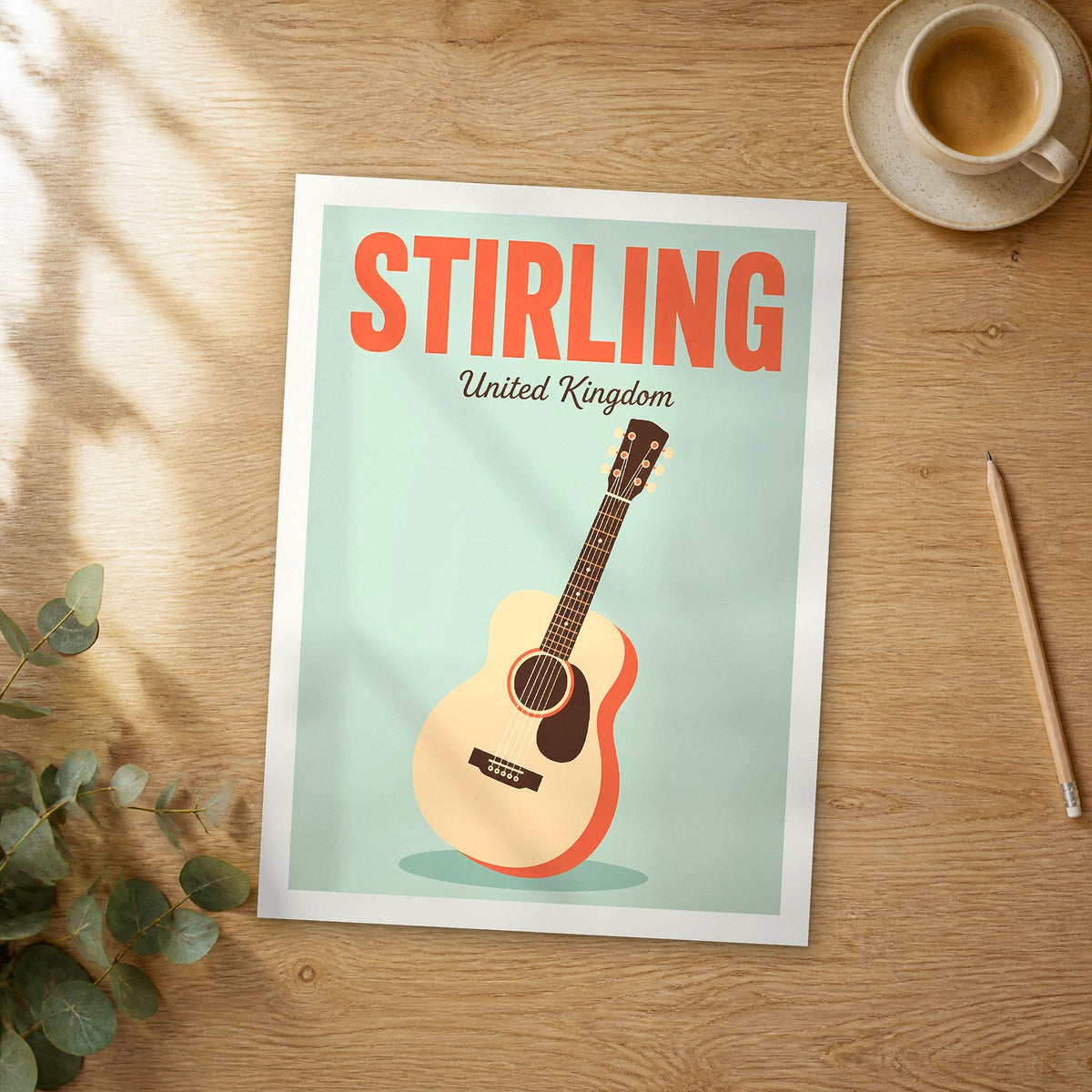 Unframed Stirling pop art travel poster on a wooden table