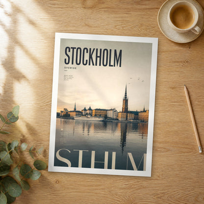Unframed Stockholm bold typography travel poster on a wooden table