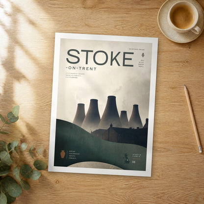 Unframed Stoke-on-Trent bold typography travel poster on a wooden table