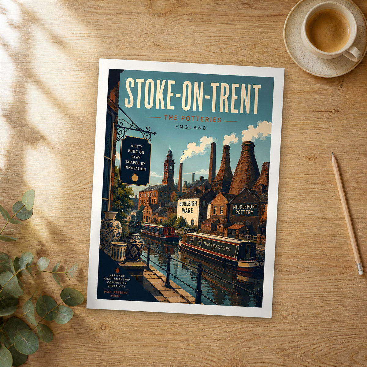 Unframed Stoke-on-Trent retro travel poster on a wooden table