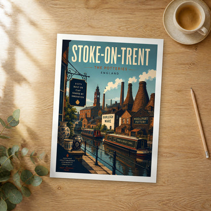 Unframed Stoke-on-Trent retro travel poster on a wooden table
