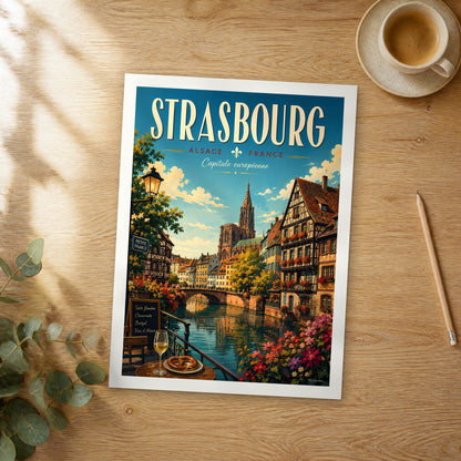 Unframed Strasbourg retro travel poster on a wooden table
