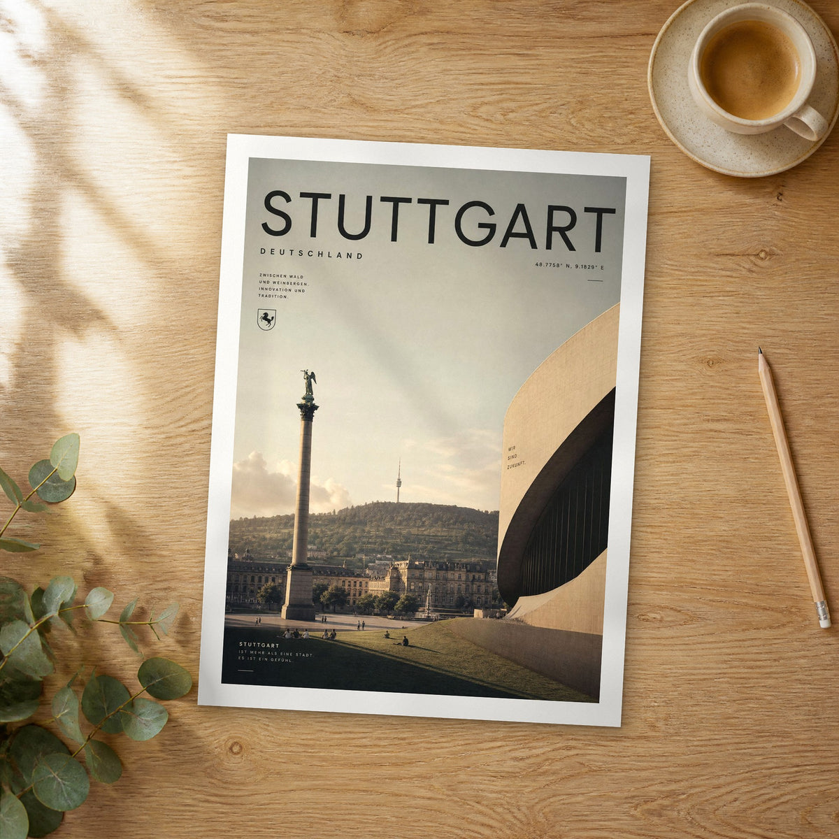 Unframed Stuttgart bold typography travel poster on a wooden table