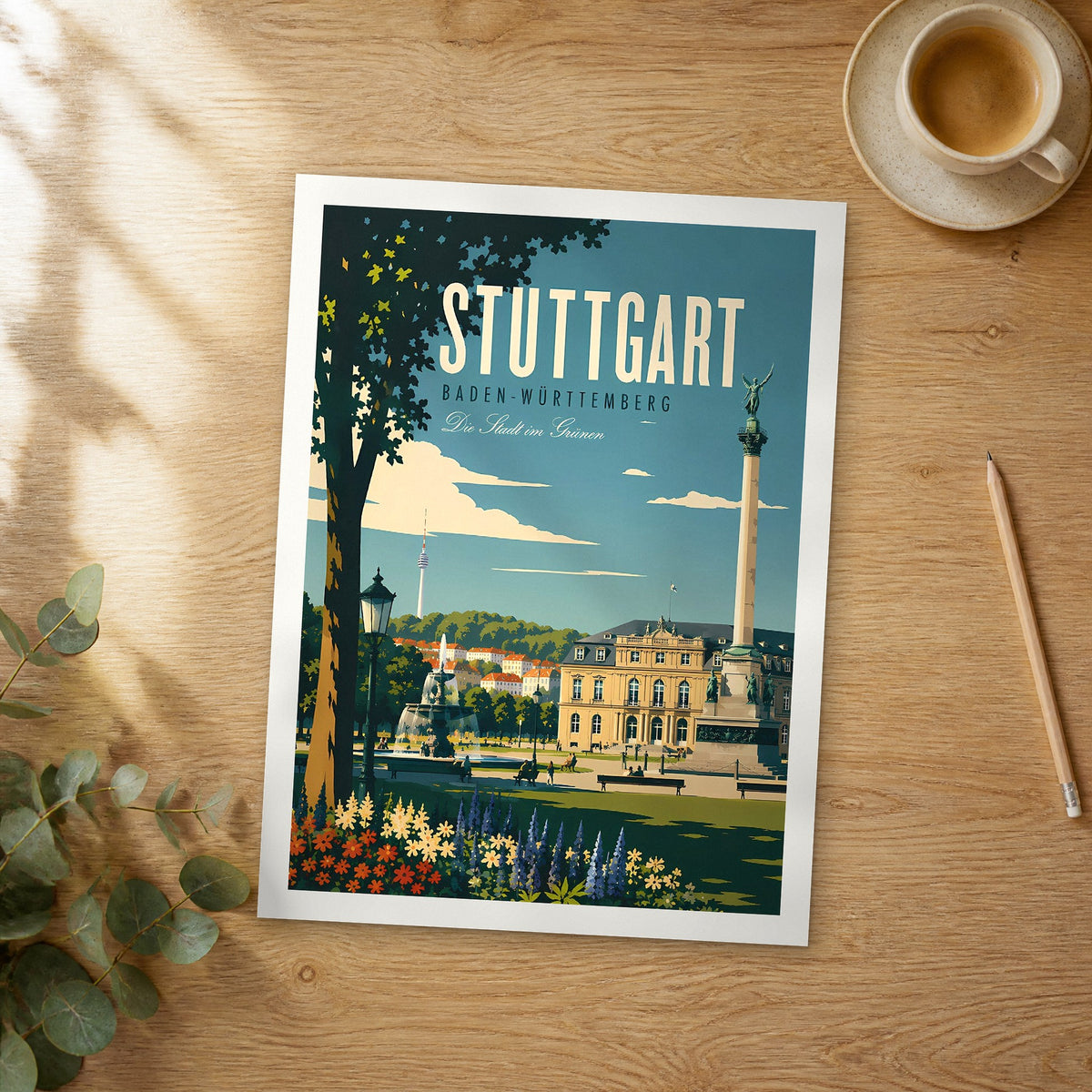 Unframed Stuttgart retro travel poster on a wooden table