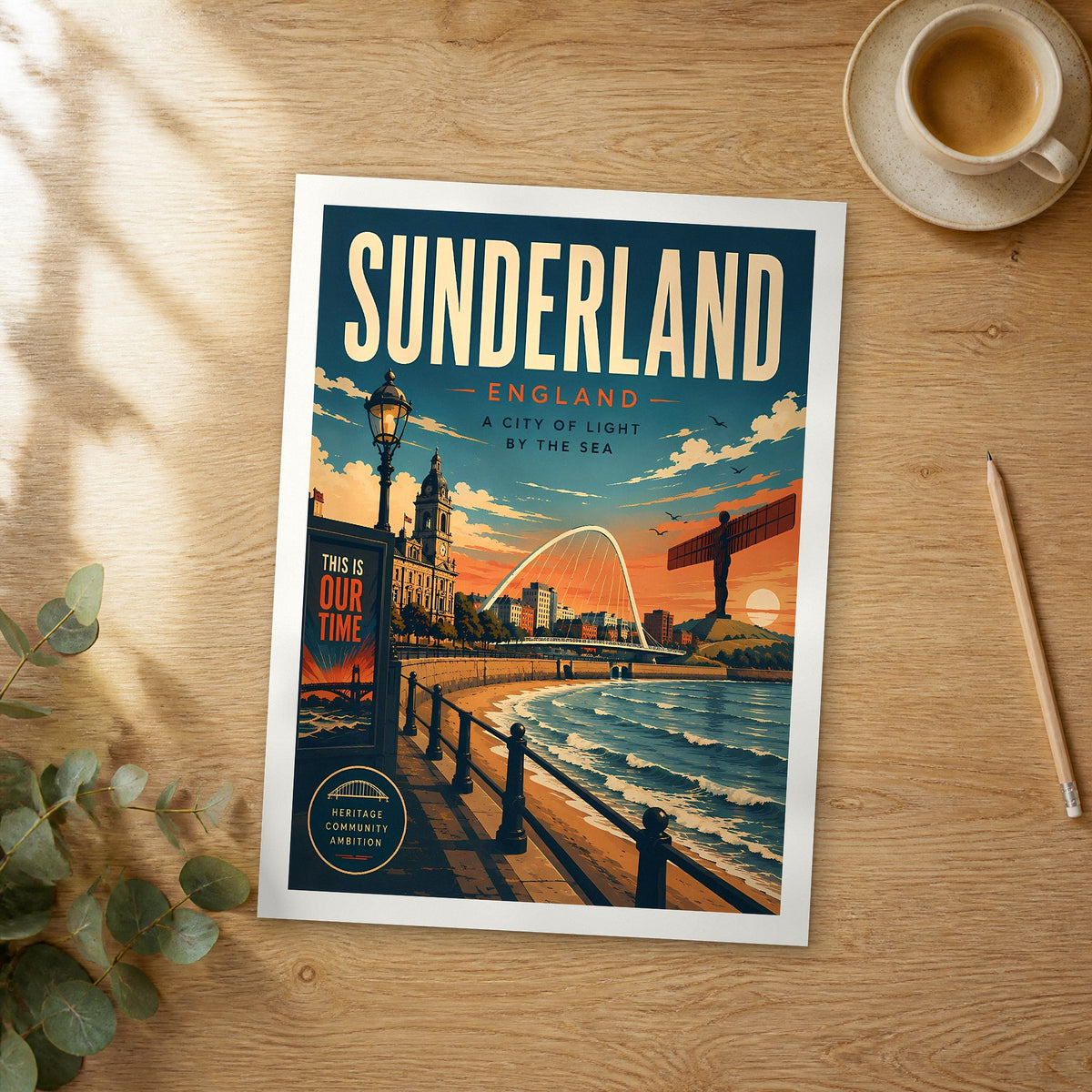 Unframed Sunderland retro travel poster on a wooden table