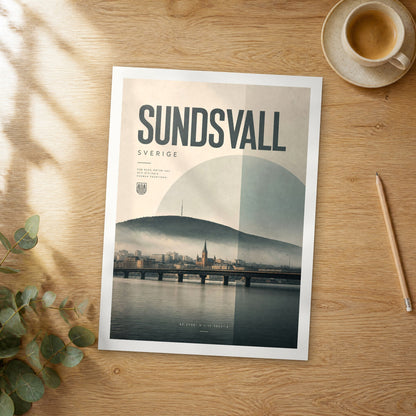 Unframed Sundsvall bold typography travel poster on a wooden table