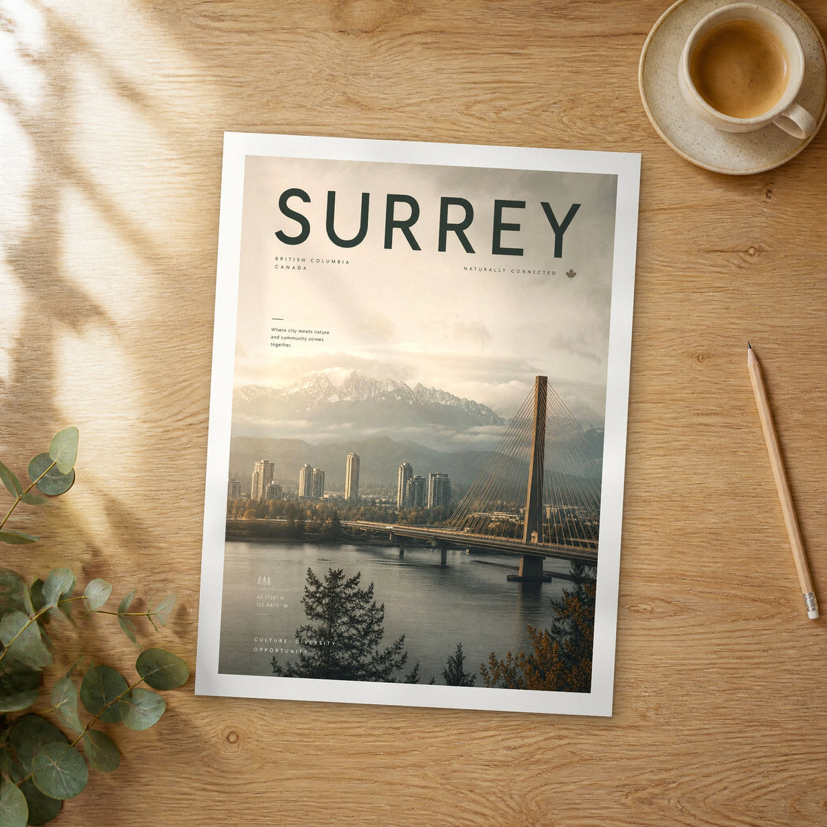 Unframed Surrey bold typography travel poster on a wooden table