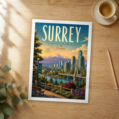 Unframed Surrey retro travel poster on a wooden table