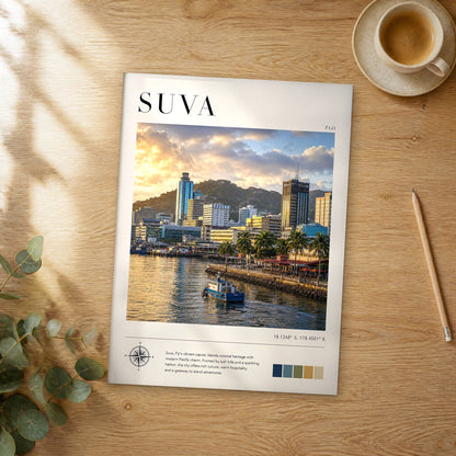 Unframed Suva modern photography travel poster on a wooden table