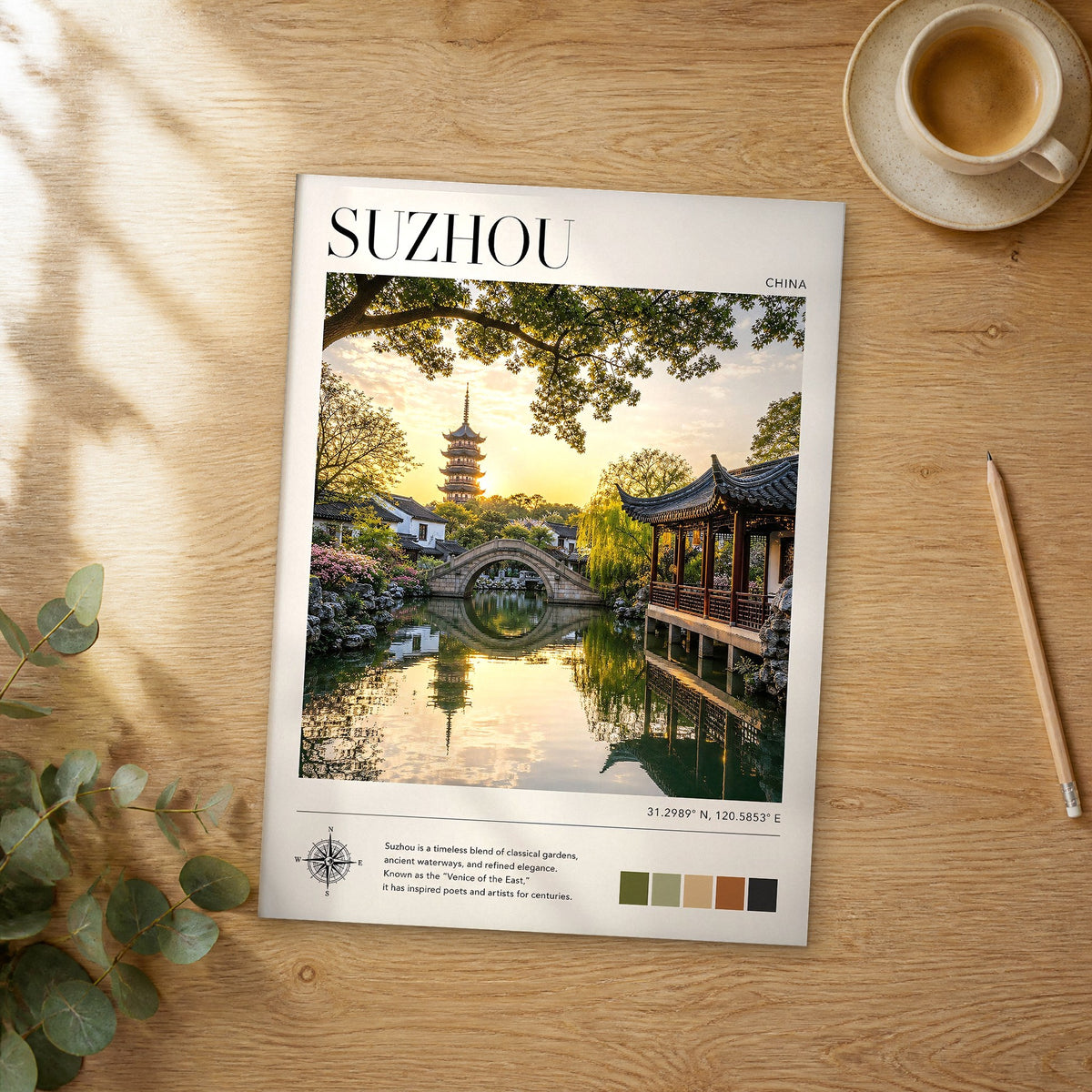 Unframed Suzhou modern photography travel poster on a wooden table