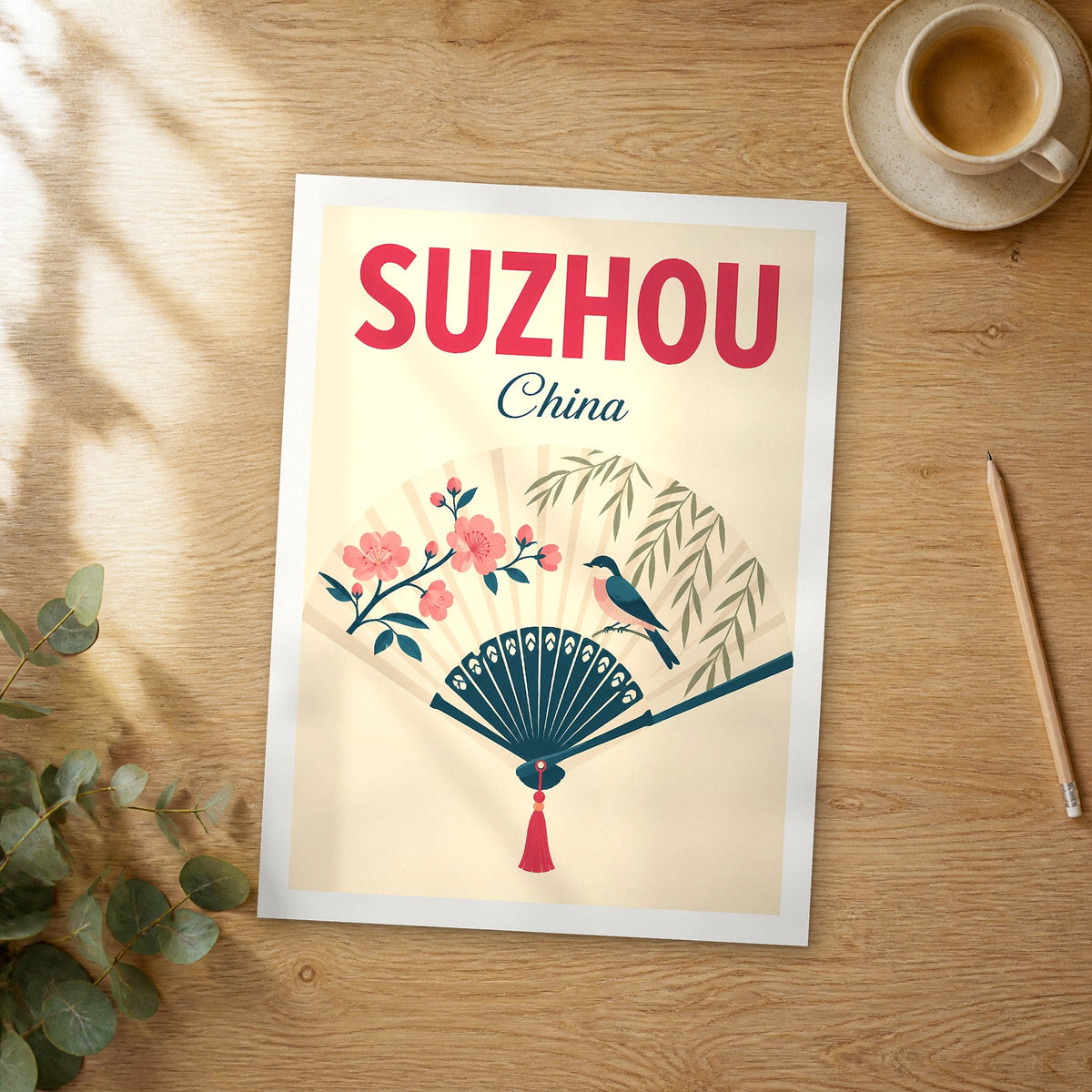 Unframed Suzhou pop art travel poster on a wooden table