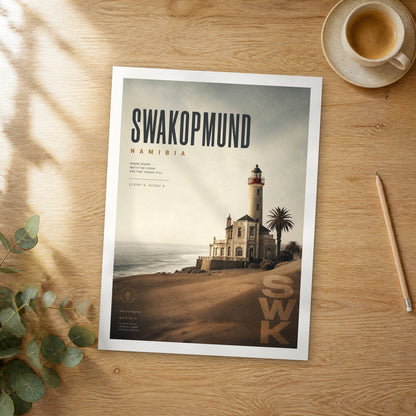 Unframed Swakopmund bold typography travel poster on a wooden table