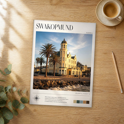 Unframed Swakopmund modern photography travel poster on a wooden table