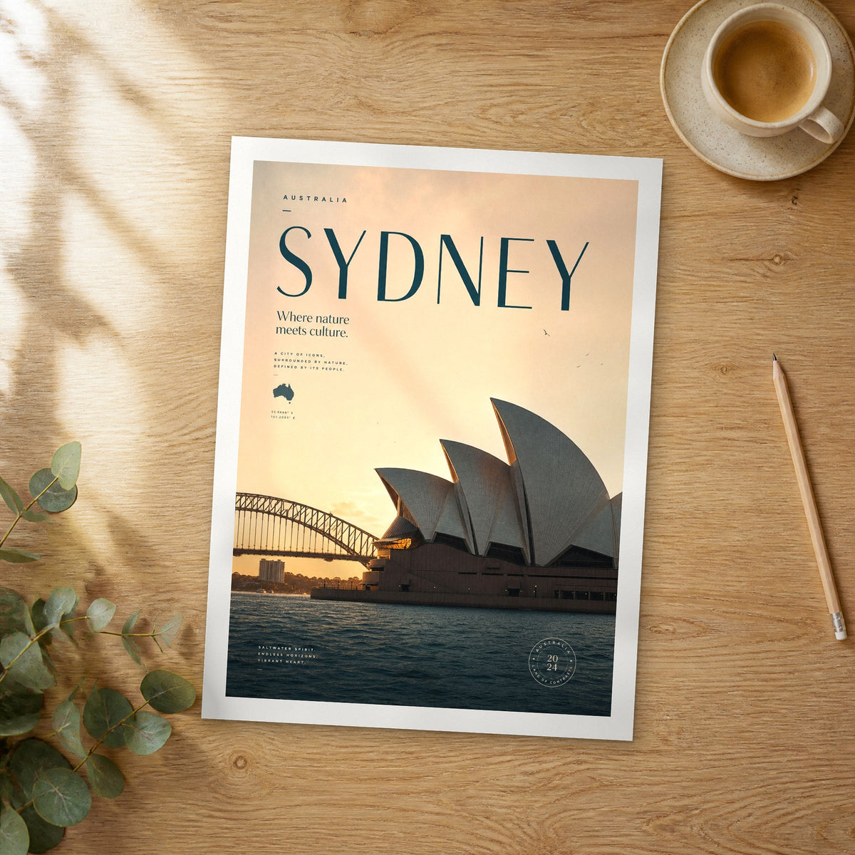 Unframed Sydney bold typography travel poster on a wooden table