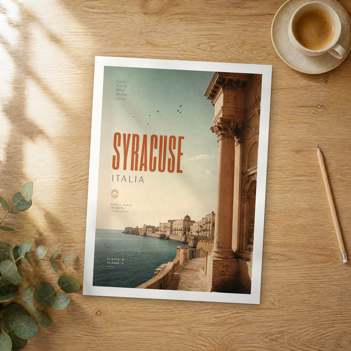 Unframed Syracuse bold typography travel poster on a wooden table