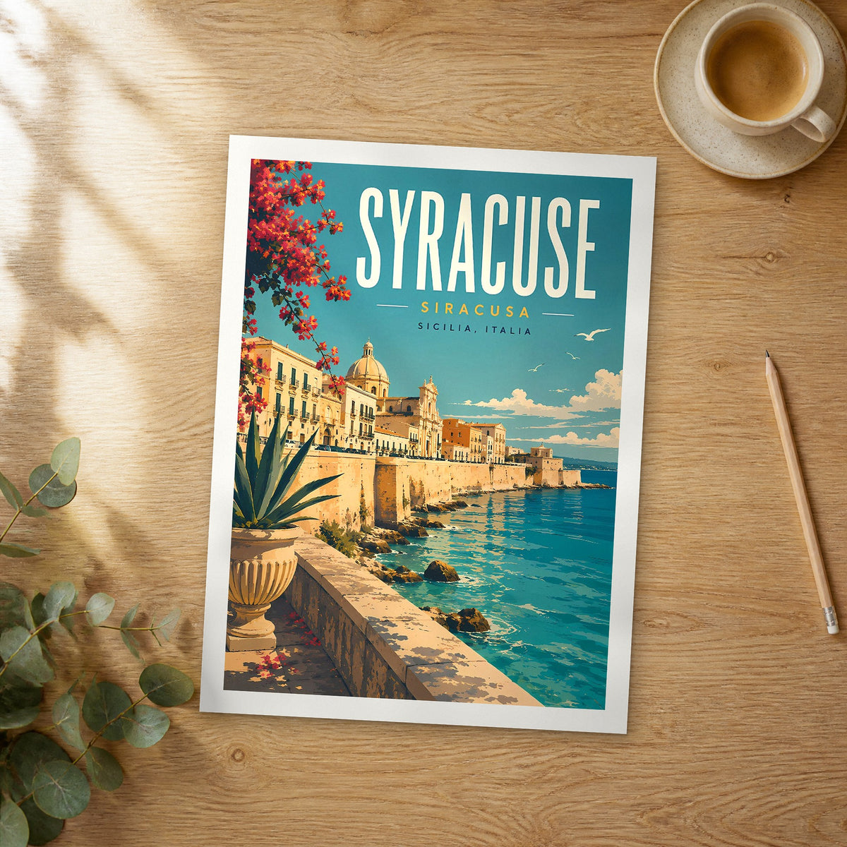 Unframed Syracuse retro travel poster on a wooden table