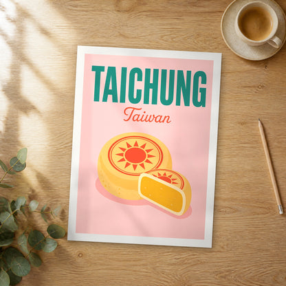 Unframed Taichung pop art travel poster on a wooden table