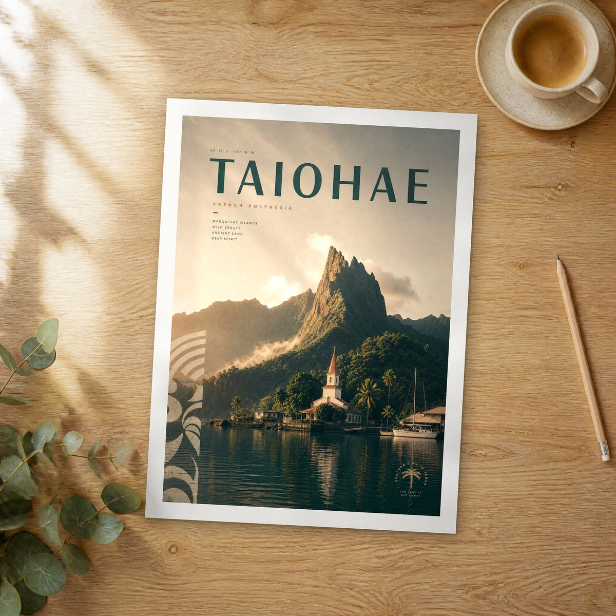 Unframed Taiohae bold typography travel poster on a wooden table