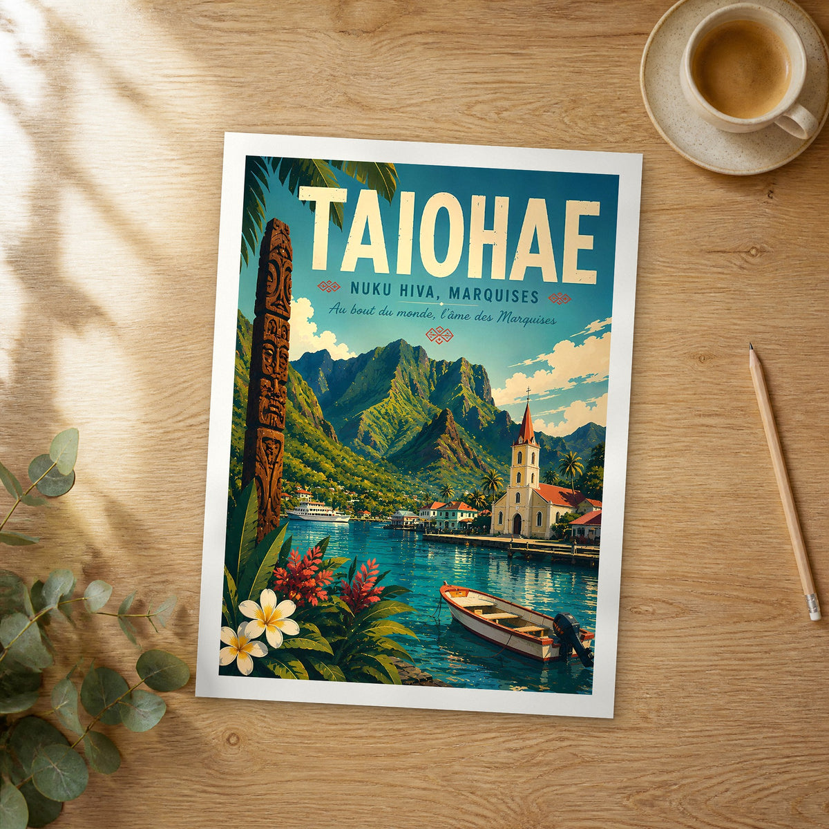 Unframed Taiohae retro travel poster on a wooden table