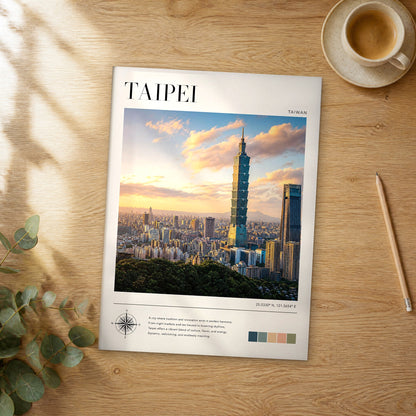 Unframed Taipei modern photography travel poster on a wooden table