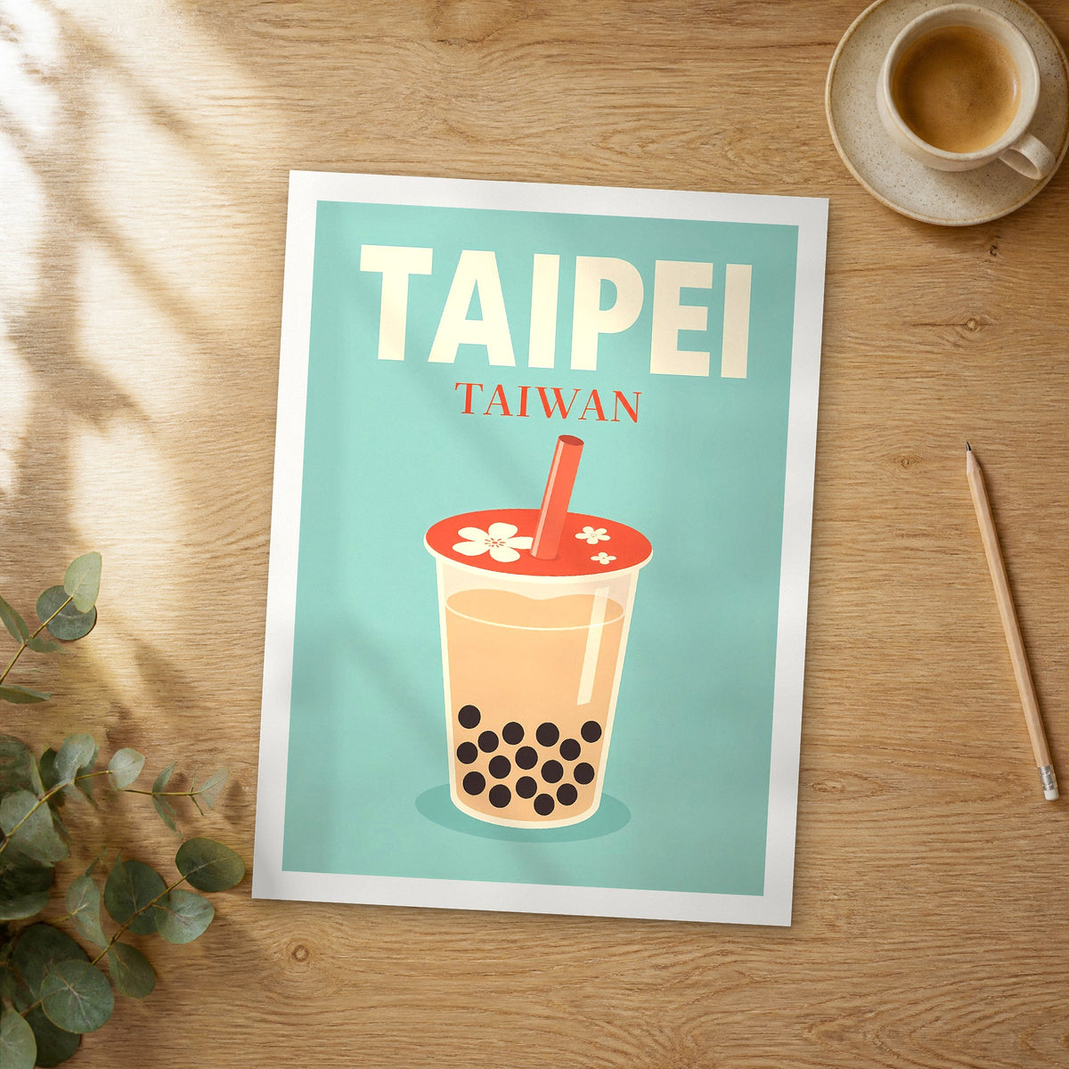 Unframed Taipei pop art travel poster on a wooden table