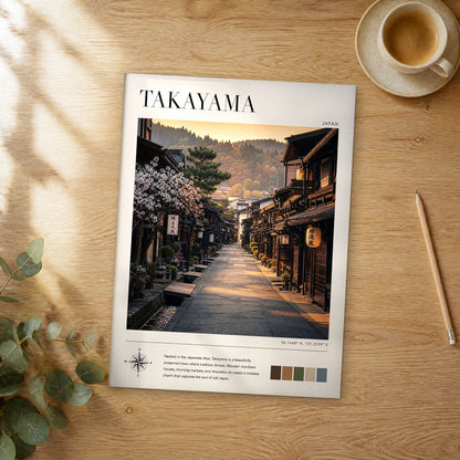 Unframed Takayama modern photography travel poster on a wooden table