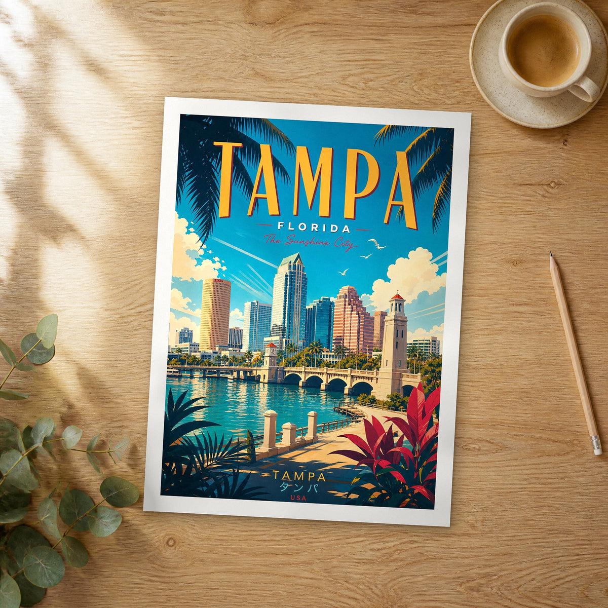 Unframed Tampa Hillsborough River Bridge retro travel poster on a wooden table