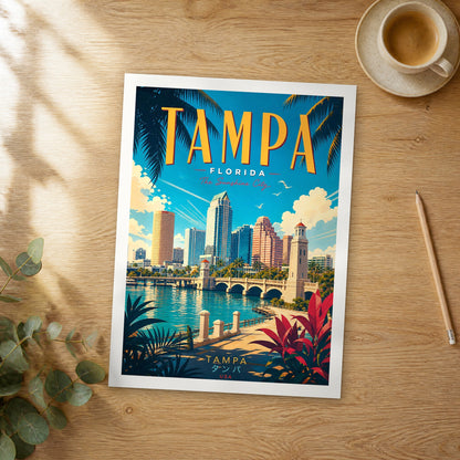 Unframed Tampa Hillsborough River Bridge retro travel poster on a wooden table