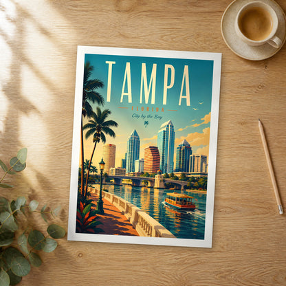 Unframed Tampa Riverwalk Water Taxi retro travel poster on a wooden table