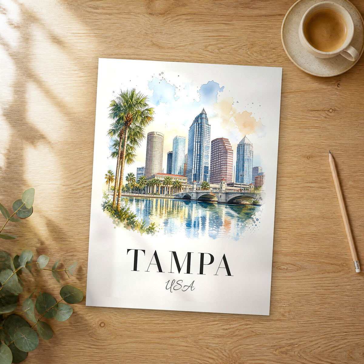 Unframed Tampa watercolor travel poster on a wooden table