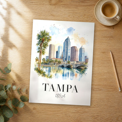 Unframed Tampa watercolor travel poster on a wooden table