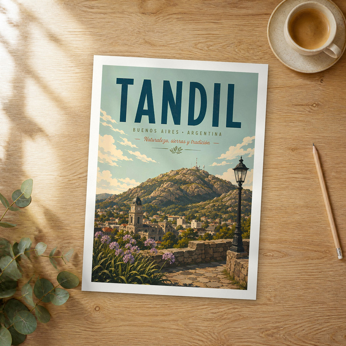 Unframed Tandil retro travel poster on a wooden table