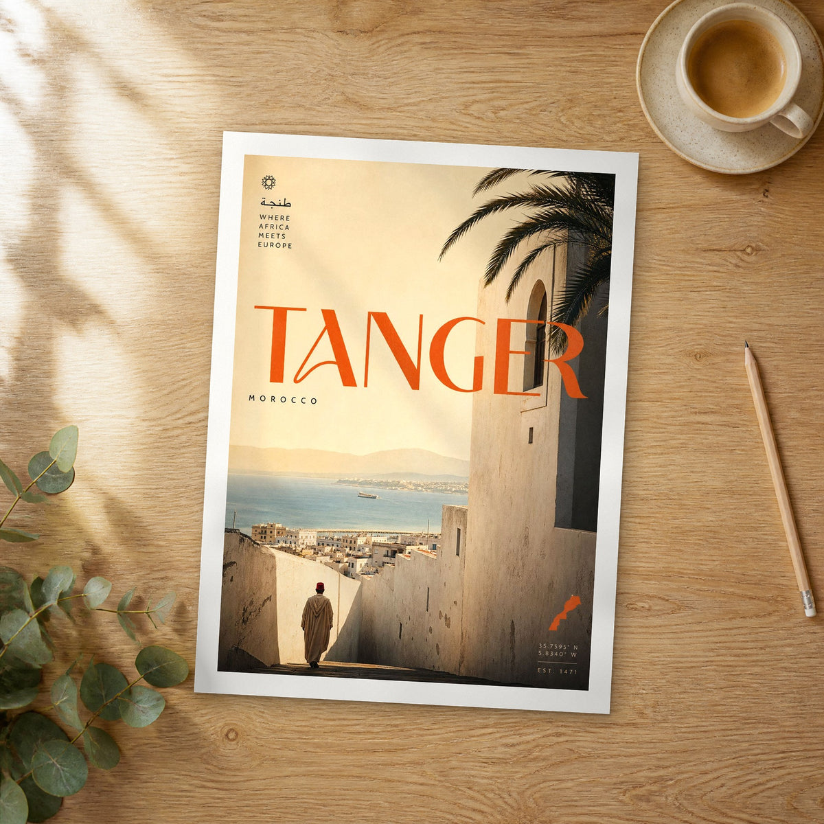 Unframed Tanger bold typography travel poster on a wooden table