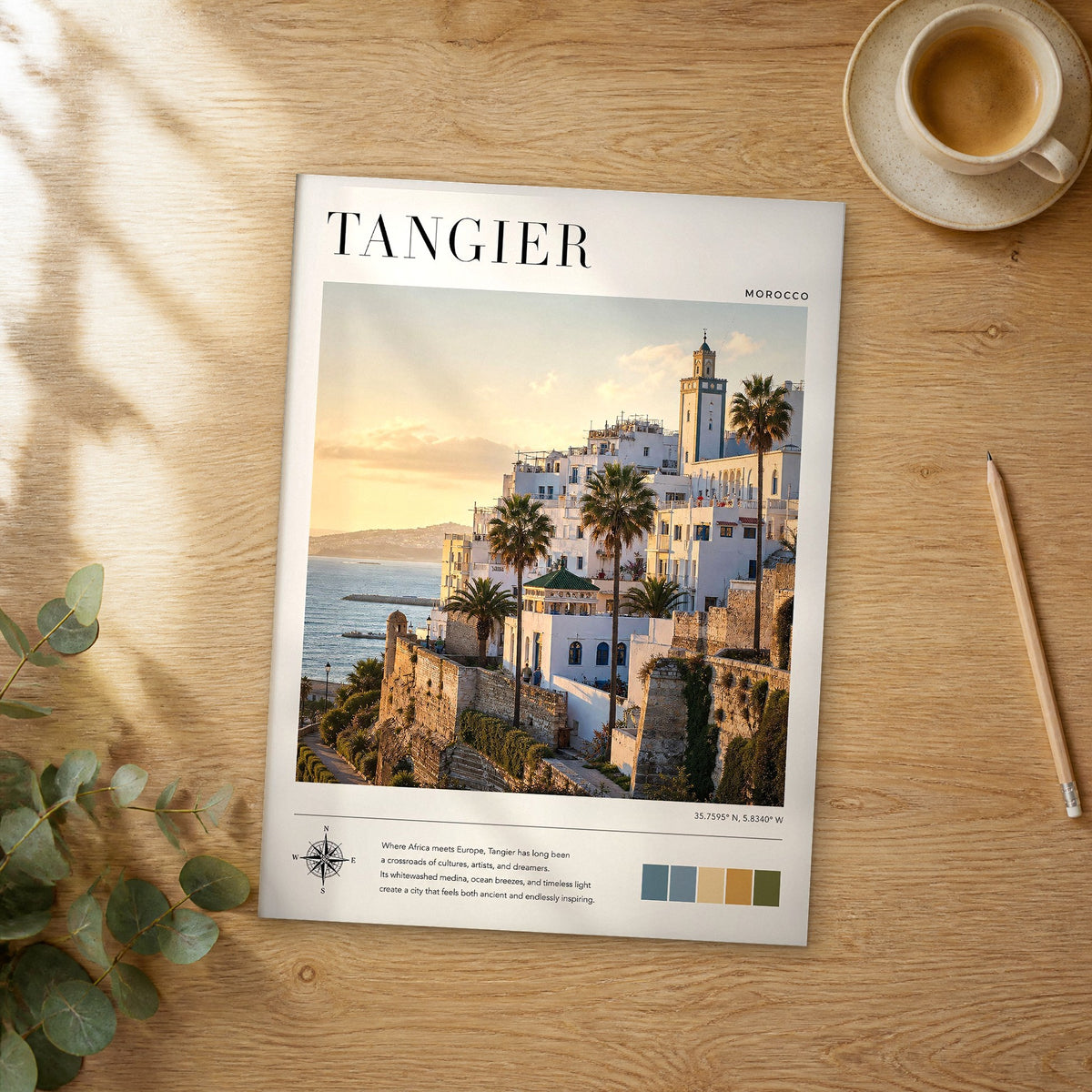 Unframed Tangier modern photography travel poster on a wooden table