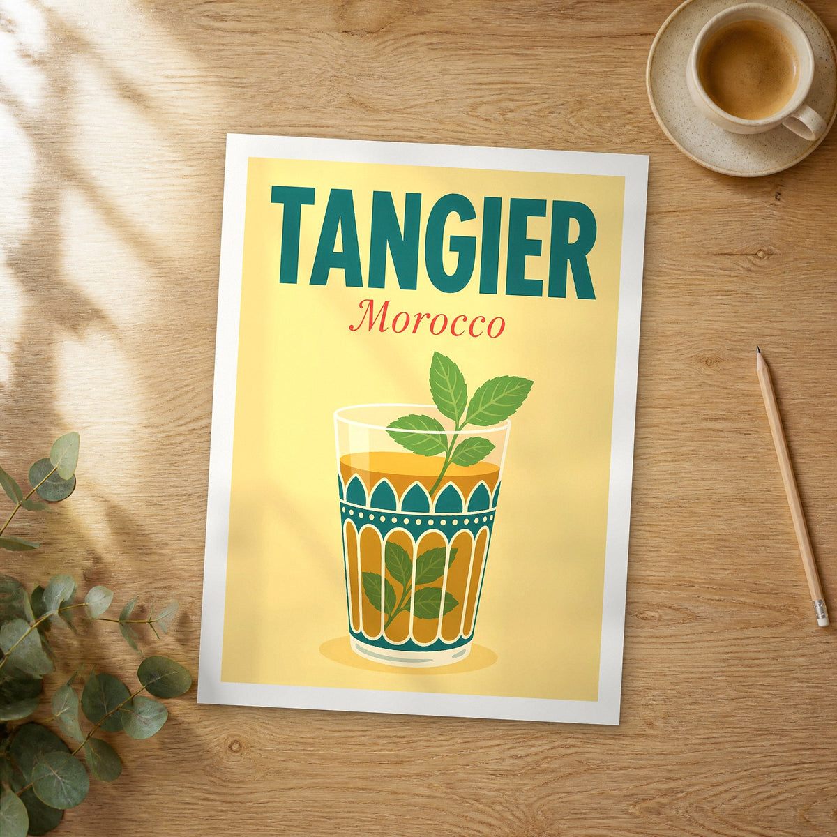 Unframed Tangier pop art travel poster on a wooden table