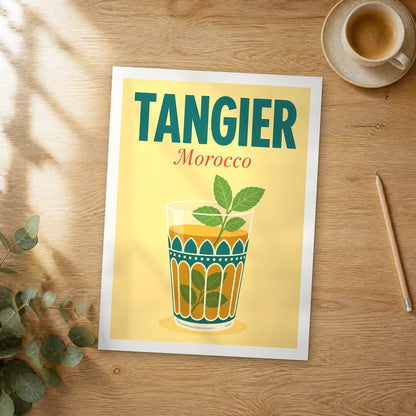 Unframed Tangier pop art travel poster on a wooden table
