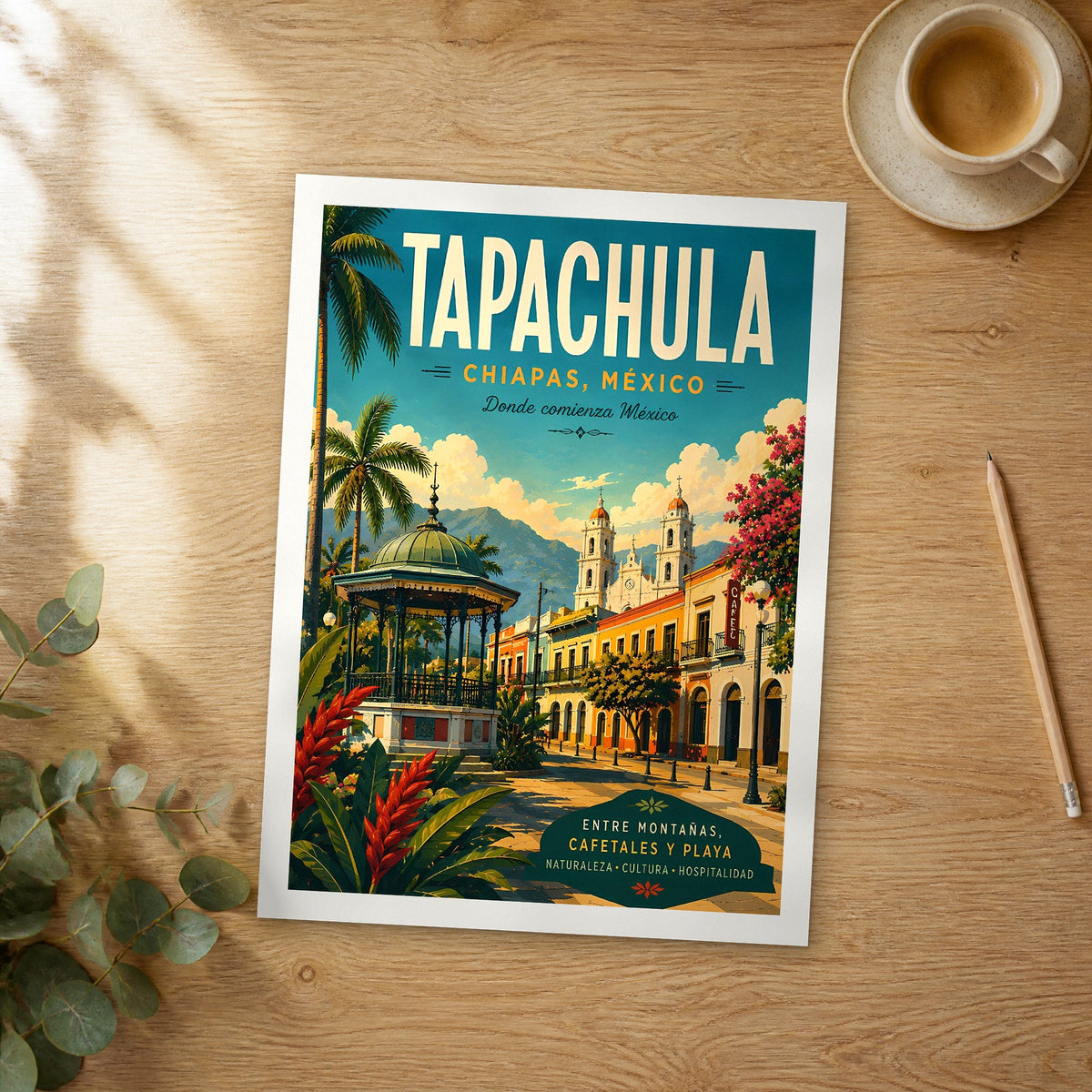 Unframed Tapachula retro travel poster on a wooden table