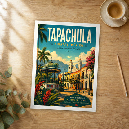 Unframed Tapachula retro travel poster on a wooden table